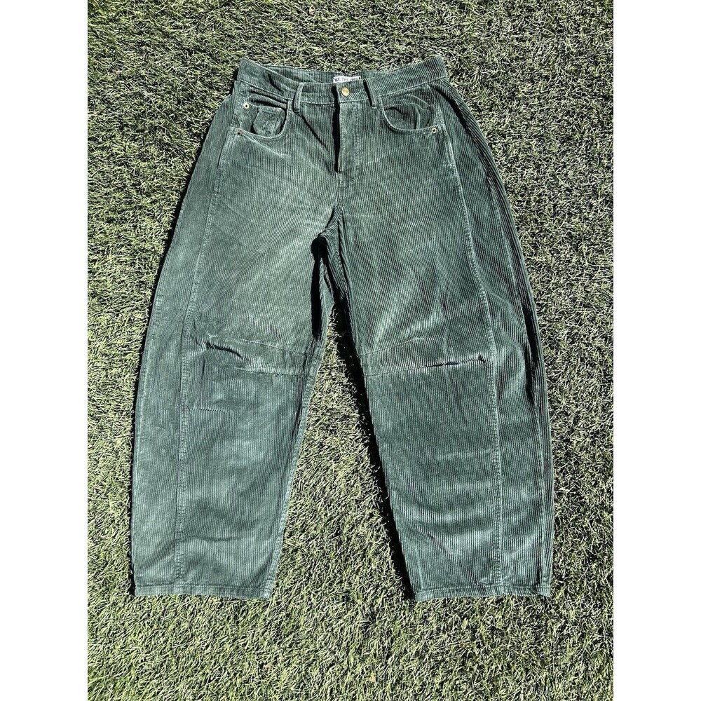 Free People We The Free Good Luck Mid Rise Corduroy Barrel Jeans Green 27 Boho - Picture 2 of 13
